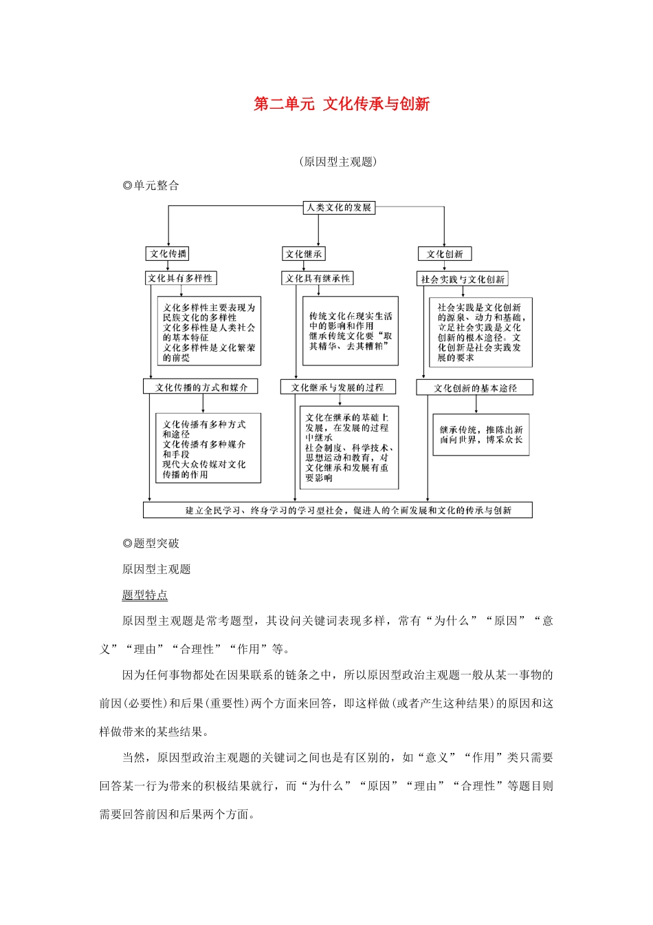 （新课标）高考政治一轮总复习 第二单元 文化传承与创新单元整合题型突破导学案 新人教版必修3-新人教版高三必修3政治学案_第1页