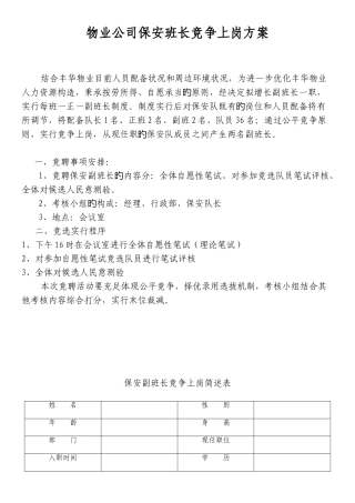 物业公司保安班长竞争上岗方案