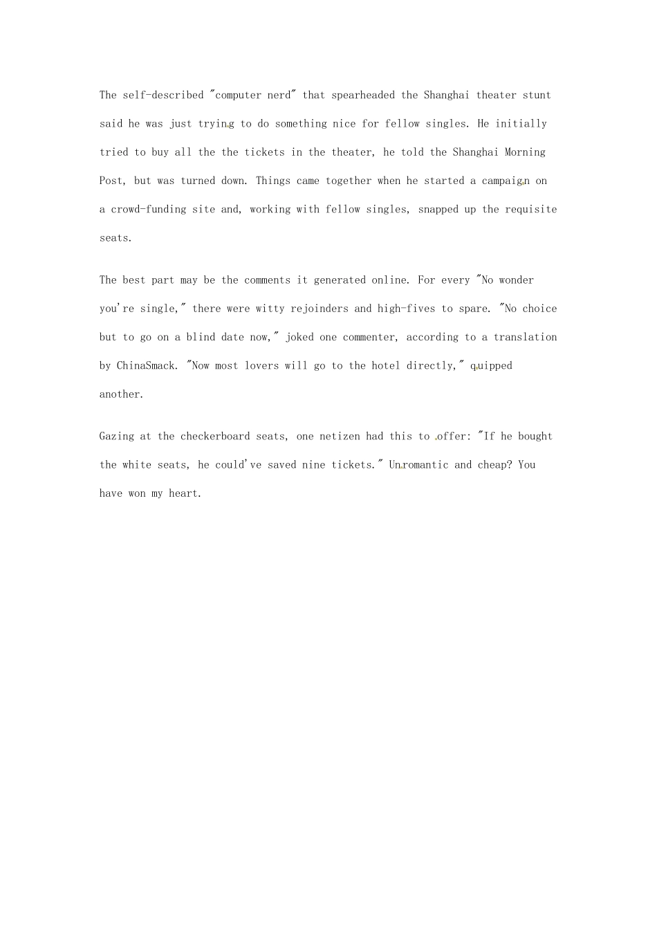 （每日一读）2014年2月高考英语考前突破 阅读理解能力 社会生活 情人节恶搞 买断电影院单号座位_第2页