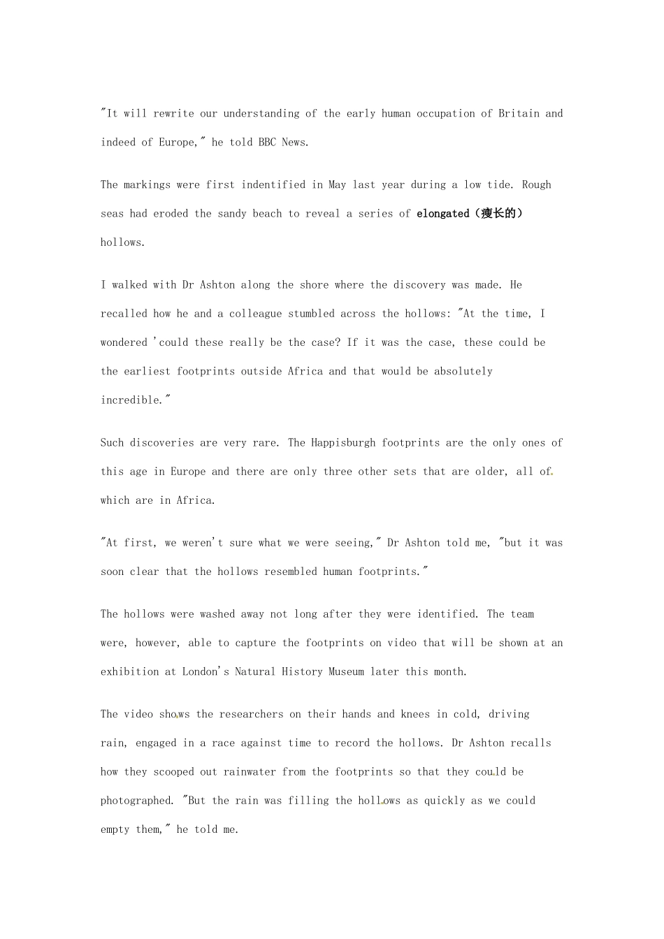 （每日一读）2014年2月高考英语考前突破 阅读理解能力 文化教育 英格兰海岸发现80多万年前的人类脚印_第2页