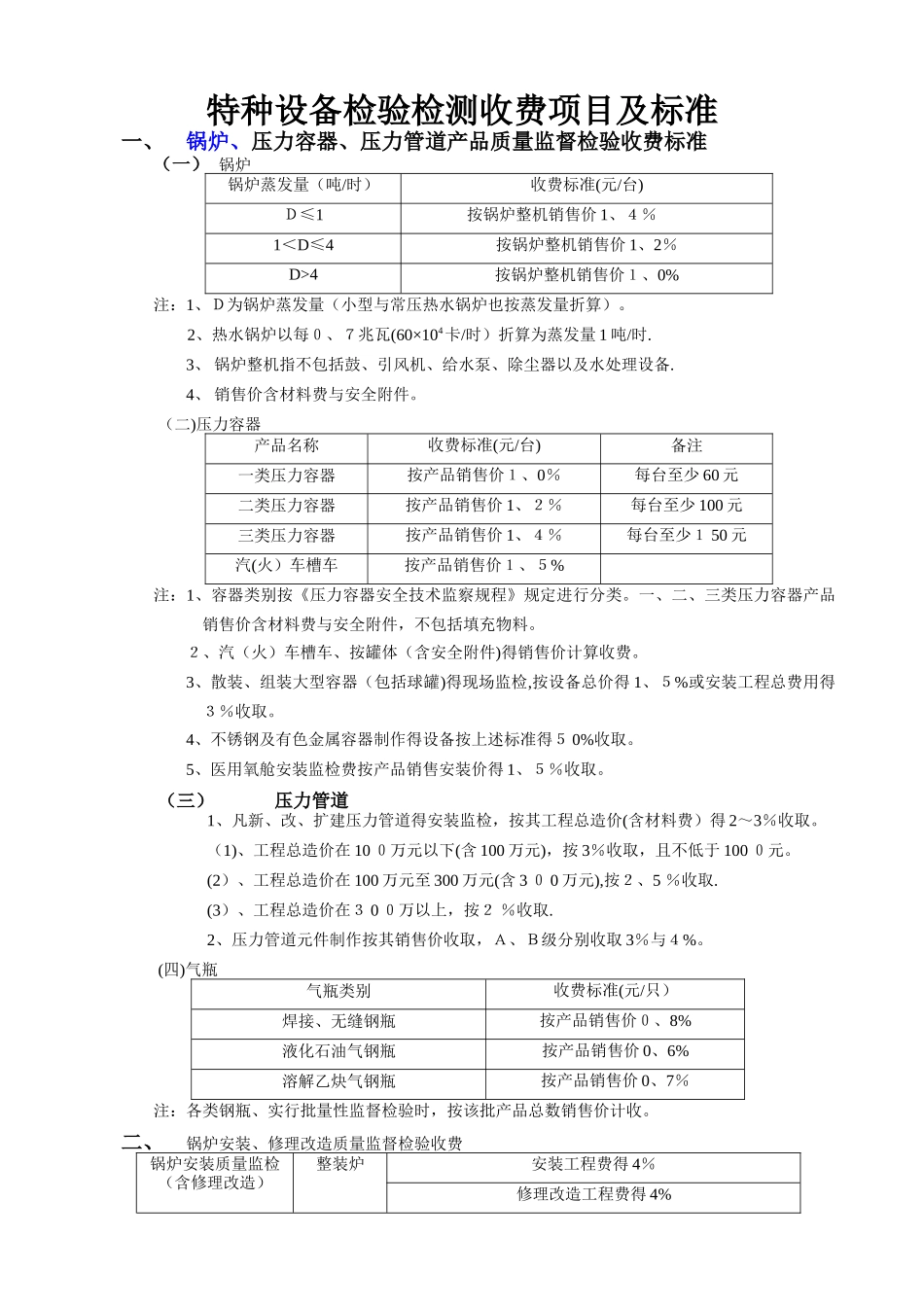 特种设备检验检测收费项目及标准_第1页