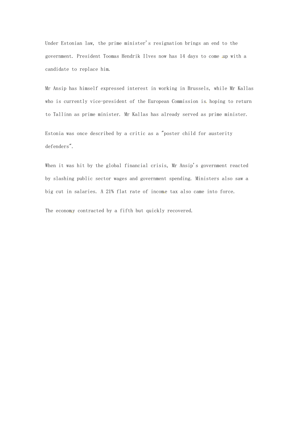 （每日一读）2014年3月高考英语考前突破 阅读理解能力 国际时事要闻 爱沙尼亚总理安西普辞职 _第2页