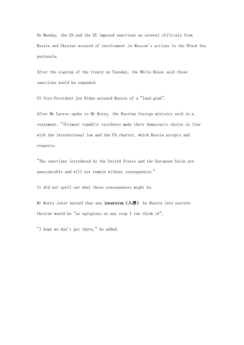 （每日一读）2014年3月高考英语考前突破 阅读理解能力 国际时事要闻 俄罗斯就克里米亚制裁向西方发出警告 _第2页