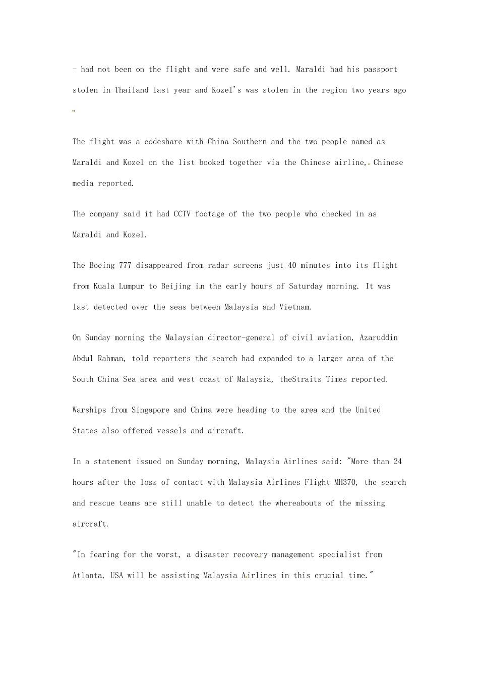（每日一读）2014年3月高考英语考前突破 阅读理解能力 国际时事要闻 马航失联航班4名乘客身份可疑 _第2页