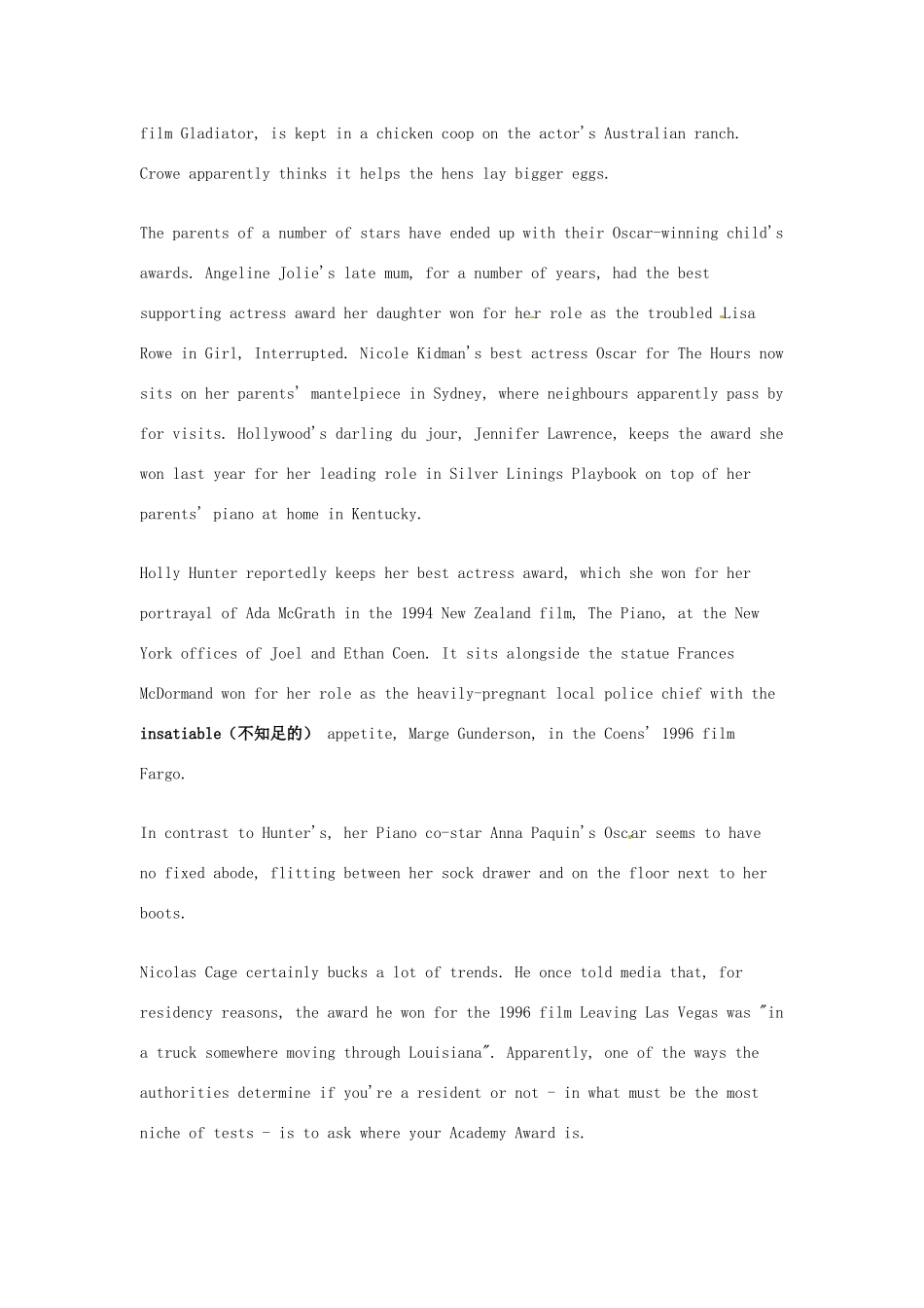 （每日一读）2014年3月高考英语考前突破 阅读理解能力 社会生活 奥斯卡得主们何处存放小金人_第3页