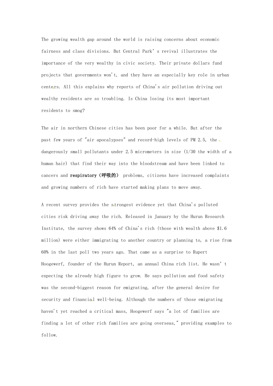 （每日一读）2014年3月高考英语考前突破 阅读理解能力 社会生活 空气污染使中国富豪移民海外_第2页