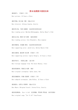 （每日一读）2014年3月高考英语考前突破 阅读理解能力 文化教育 第86届奥斯卡获奖名单