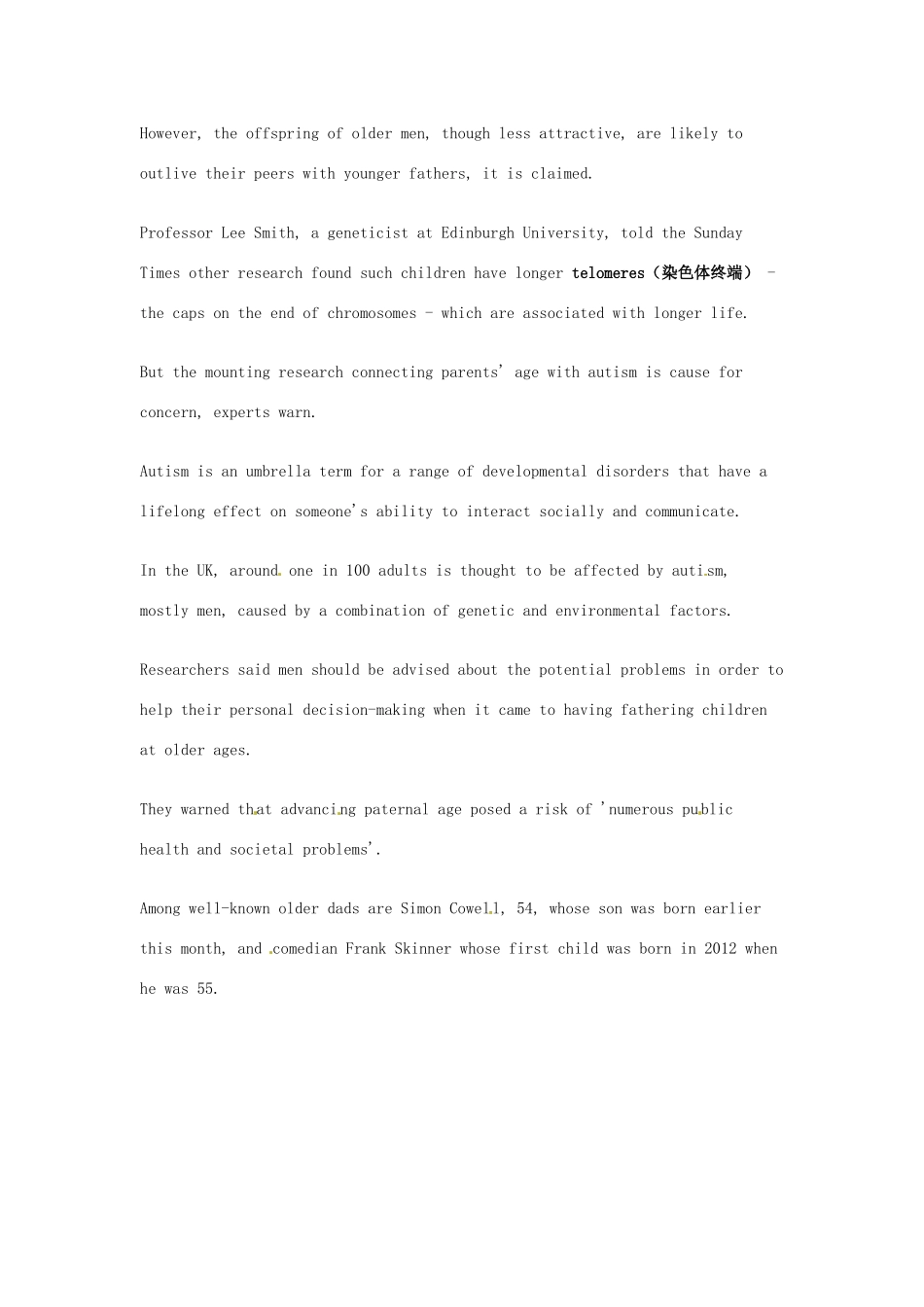 （每日一读）2014年3月高考英语考前突破 阅读理解能力 文化教育 父亲年龄大 孩子相貌丑寿命长_第2页