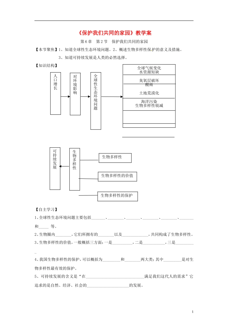 （新编资料）2013-2014学年高中生物 6.2《保护我们共同的家园》学案 新人教版必修3_第1页