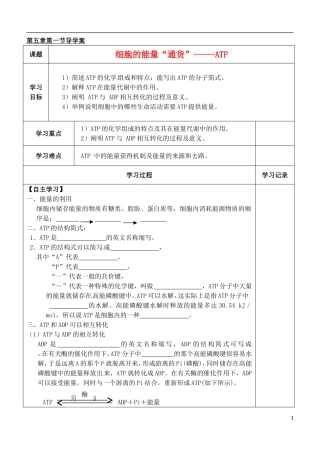 （新编资料）2013-2014学年高中生物 第5章 2节 细胞的能量“通货”-ATP导学案 新人教版必修1 