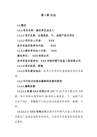 生物质炭、气、油联产技术项目可行性研究报告书