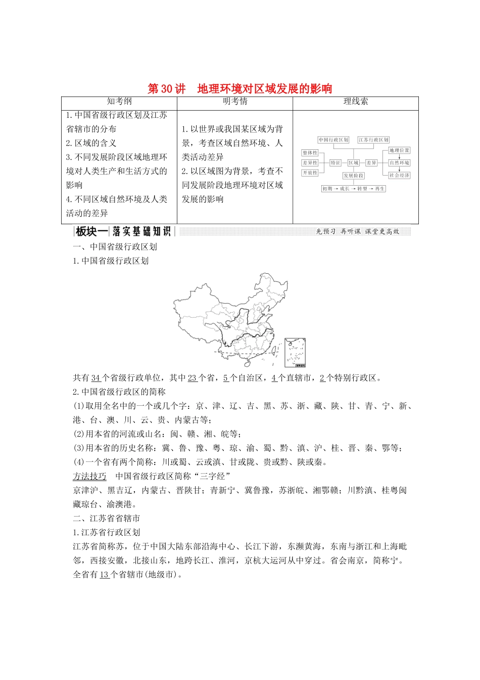 （江苏专版）高考地理大一轮复习 第十单元 区域地理环境与人类活动 第30讲 地理环境对区域发展的影响学案-人教版高三全册地理学案_第1页