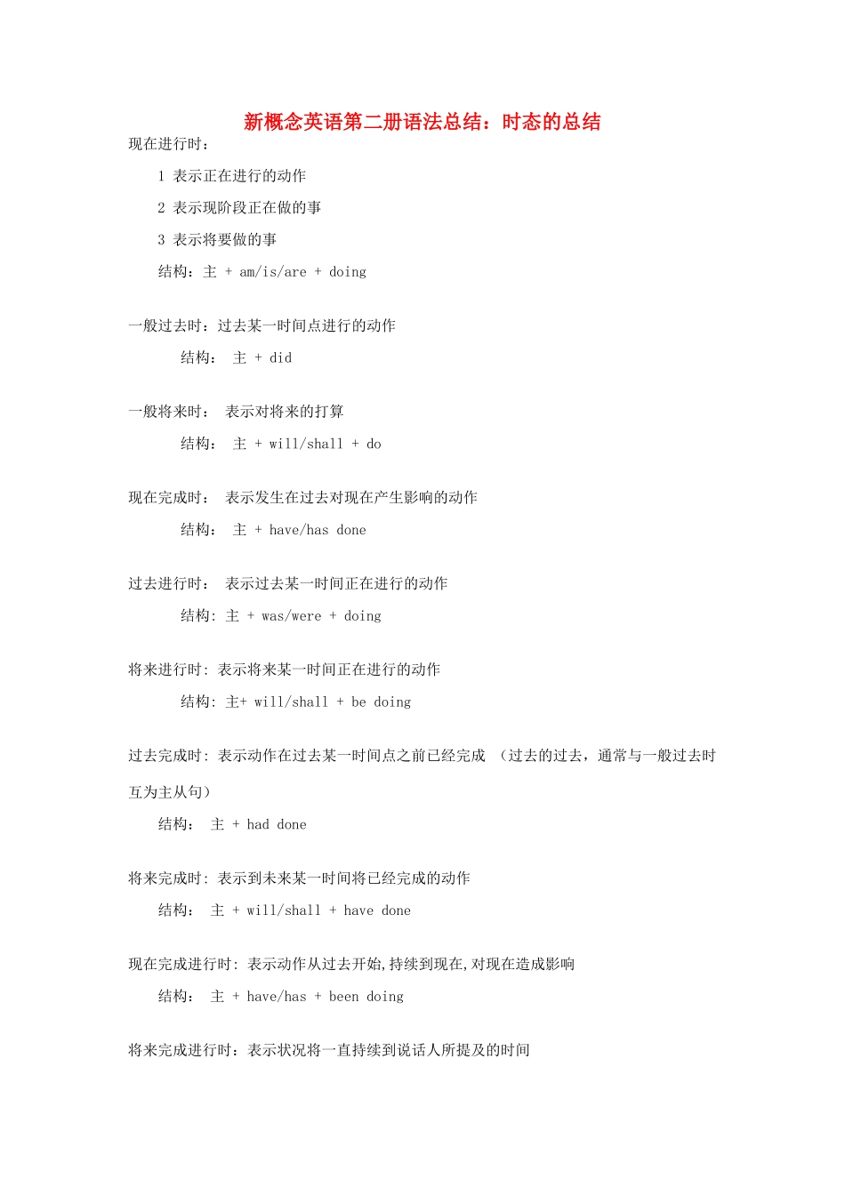 （新概念英语）高中英语 第二册 语法总结 时态的总结_第1页