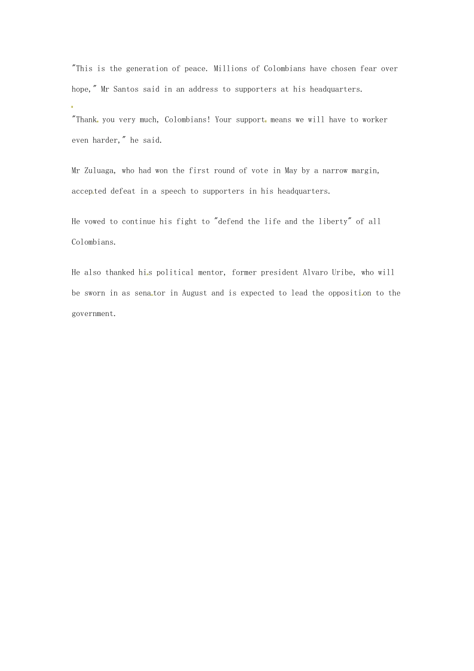 （每日一读）2014年6月高考英语考前突破 阅读理解能力 国际时事要闻 桑托斯再次当选哥伦比亚总统_第2页