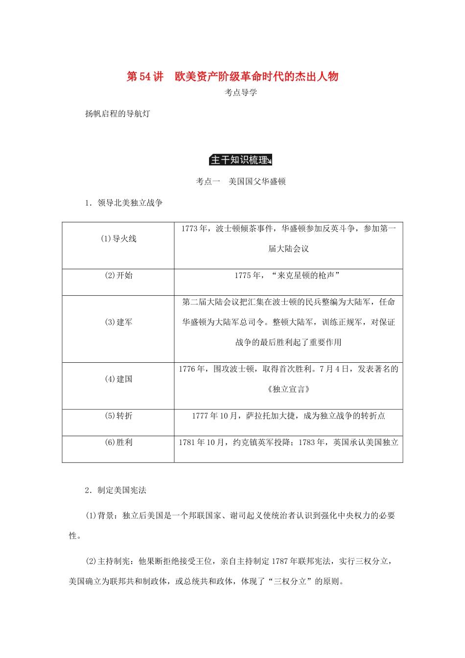 （江苏专版）高考历史总复习 选考四 中外历史人物评说 第54讲 欧美资产阶级革命时代的杰出人物学案-人教版高三全册历史学案_第1页
