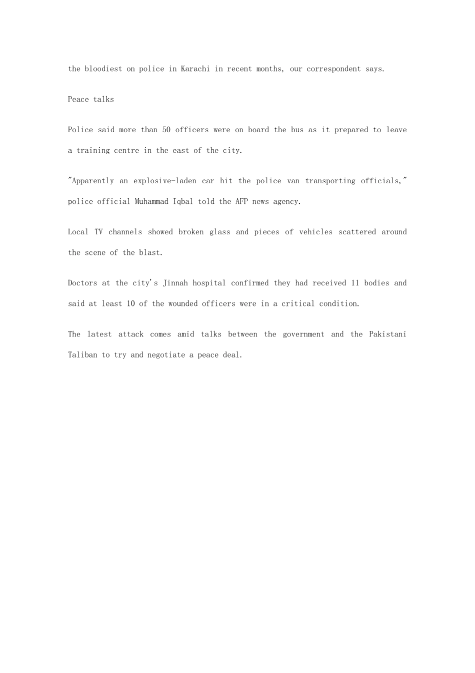 （每日一读）2014高考英语考前突破 阅读理解 国际时事要闻 巴基斯坦警方遭自杀式炸弹袭击 11人死亡素材_第2页