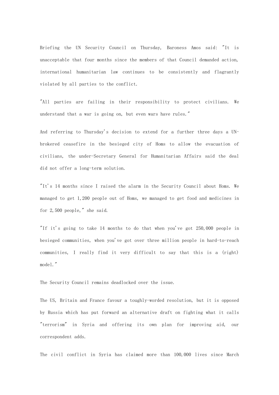 （每日一读）2014高考英语考前突破 阅读理解 国际时事要闻 联合国须全力阻止叙利亚的非人道主义行为素材_第2页