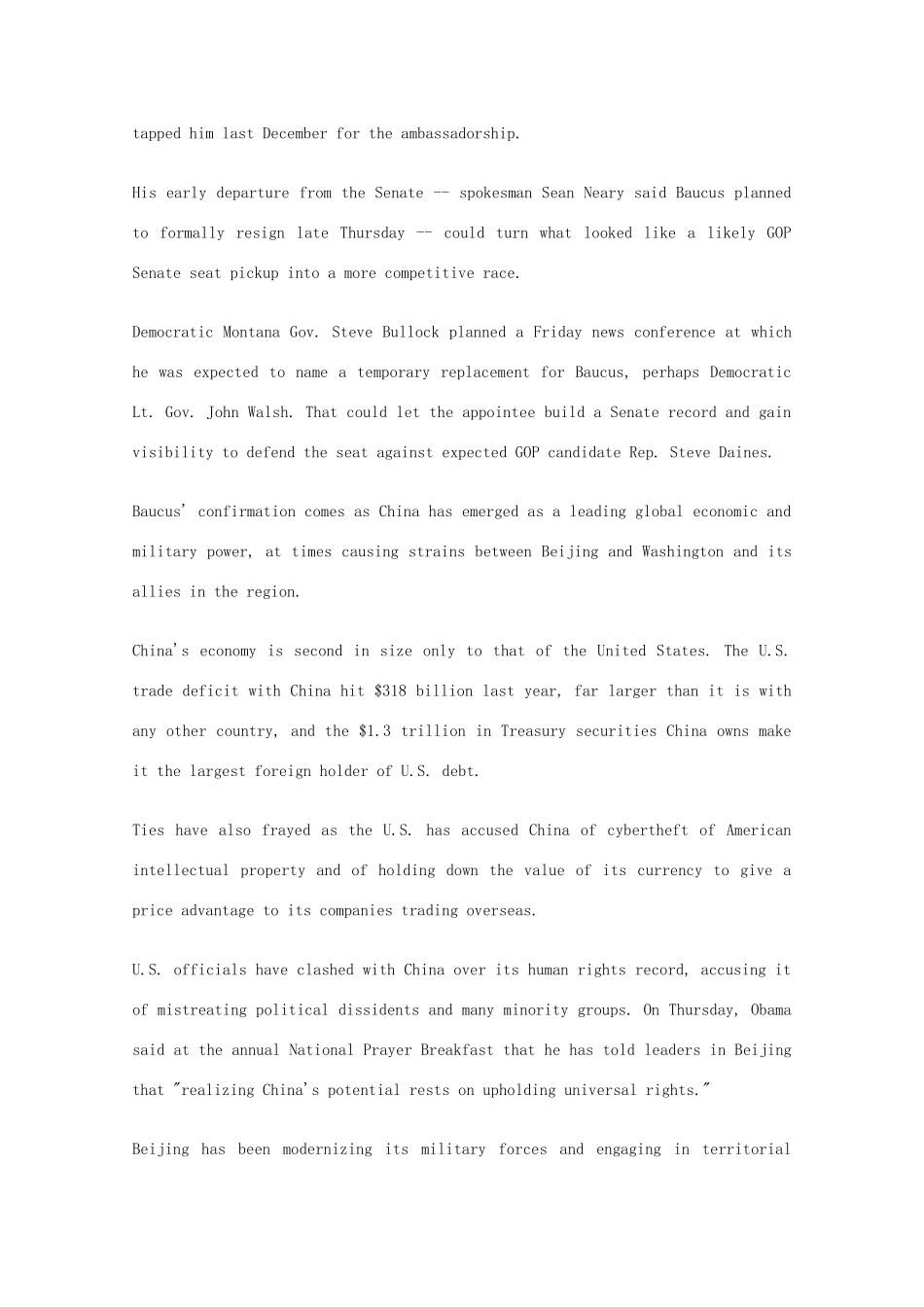 （每日一读）2014高考英语考前突破 阅读理解 国际时事要闻 美参议院批准马克斯 鲍卡斯为新任驻华大使素材_第3页