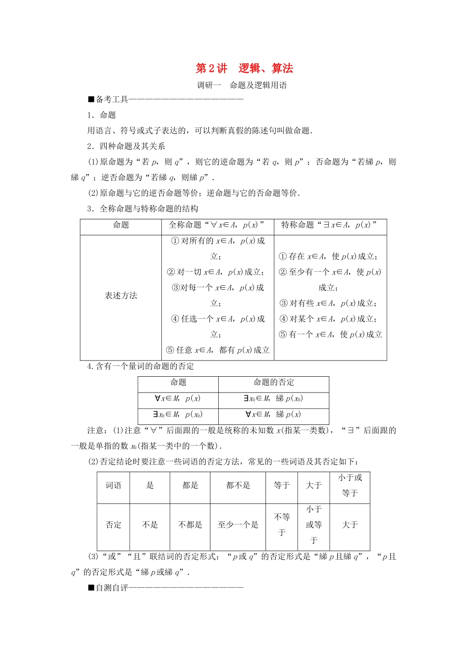 （新高考）高考数学二轮复习 第二部分 讲重点 选填题专练 第2讲 逻辑、算法教学案 理-人教版高三全册数学教学案_第1页