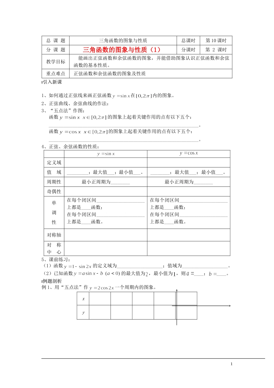（新课程）2013高中数学 第10课时（三角函数的图象与性质1）导学案 苏教版必修4_第1页