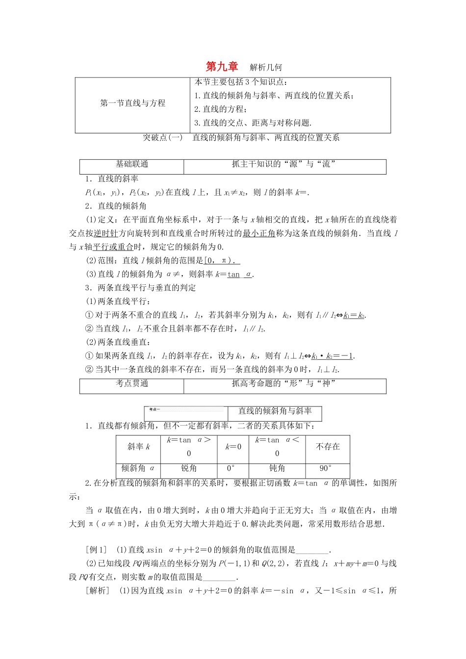 （江苏专版）高考数学一轮复习 第九章 解析几何学案 文-人教版高三全册数学学案_第1页