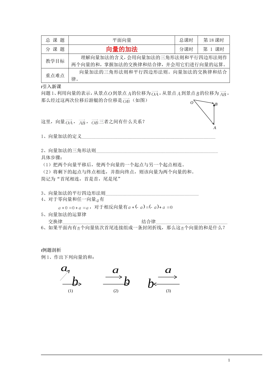 （新课程）2013高中数学 第18课时（向量的加法）导学案 苏教版必修4_第1页