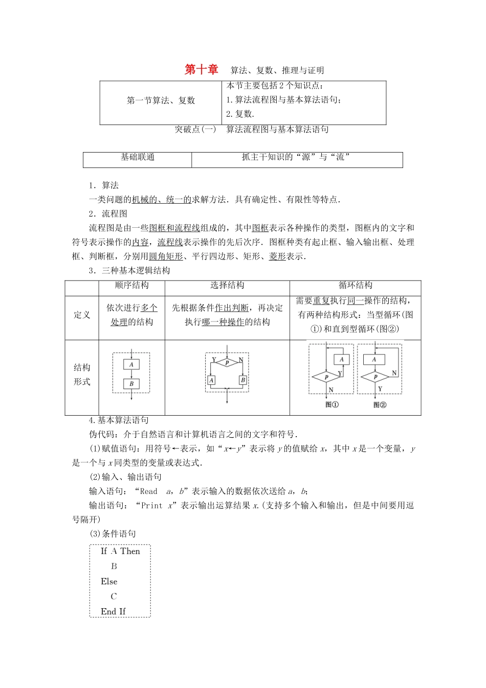 （江苏专版）高考数学一轮复习 第十章 算法、复数、推理与证明学案 文-人教版高三全册数学学案_第1页