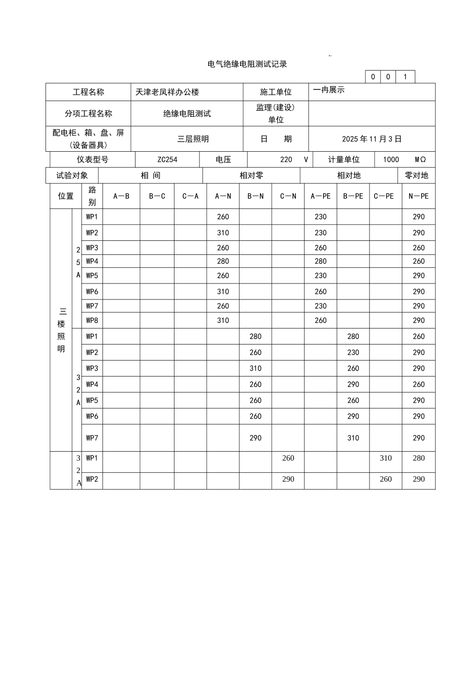 电气绝缘电阻测试记录_第1页