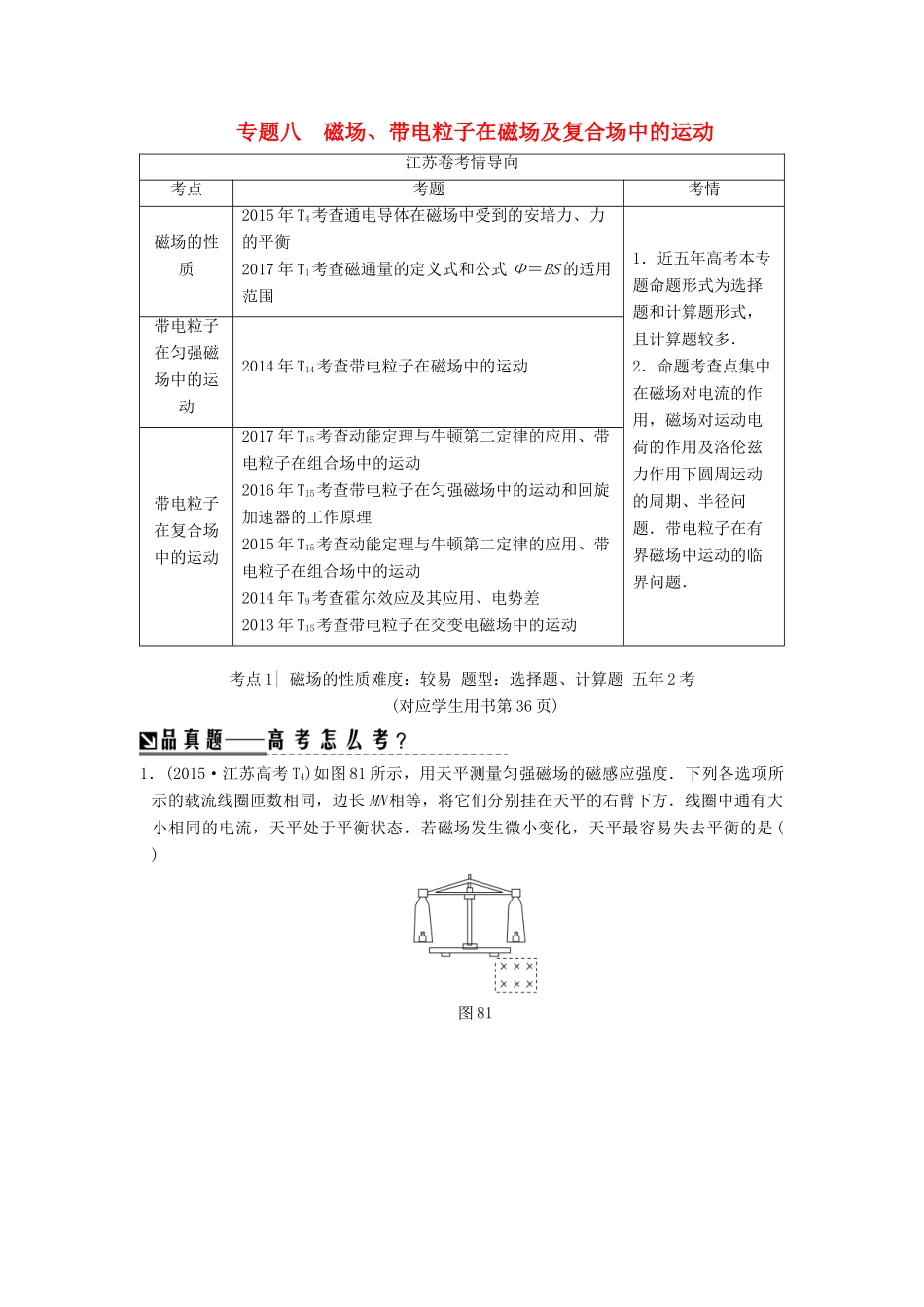（江苏专版）高考物理二轮复习 第一部分 专题八 磁场、带电粒子在磁场及复合场中的运动学案-人教版高三全册物理学案_第1页