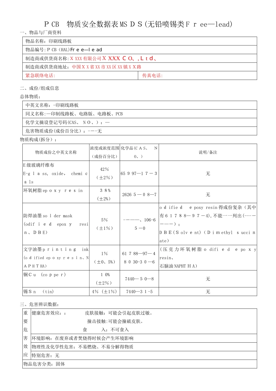 电路板 MSDS(2025最新最全-包含所有表面处理)_第1页