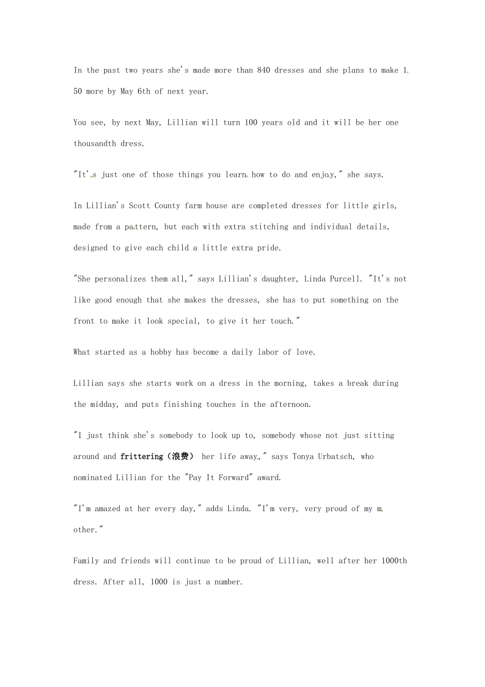 （每日一读）2014年高考英语8月考前突破 阅读理解能力 社会生活 美国百岁老奶奶每天制作一条新裙子捐给非洲素材_第2页