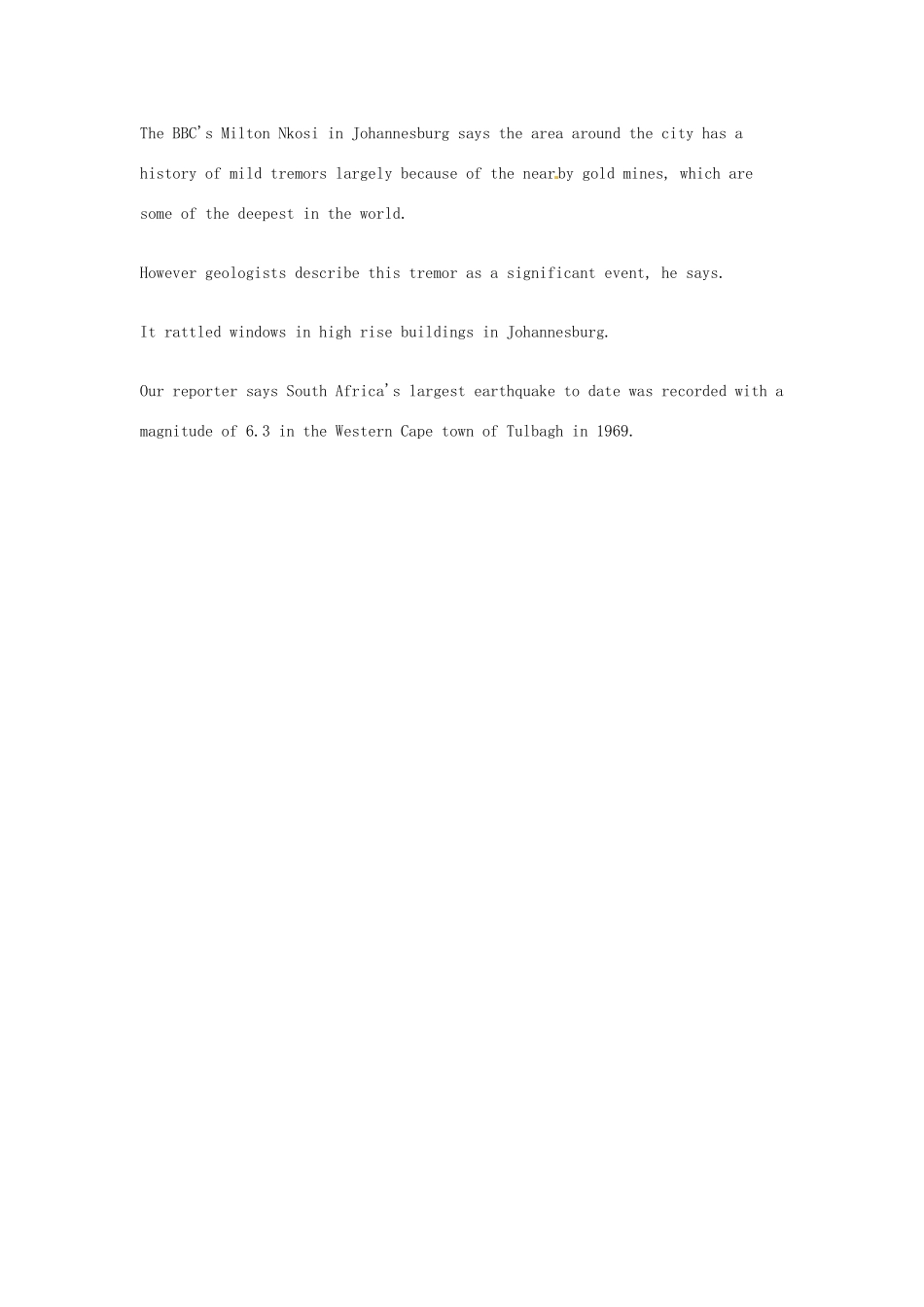 （每日一读）2014年高考英语8月考前突破 阅读理解能力 社会生活 南非发生5.3级地震 一人死亡素材_第2页