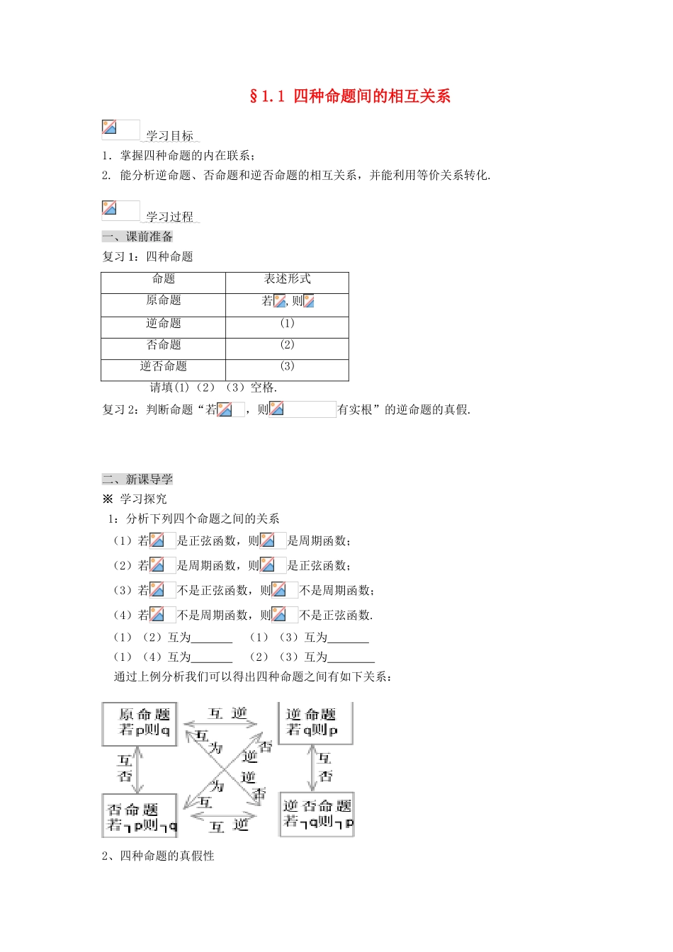 （新课程）高中数学《1.1 四种命题间的相互关系》导学案 新人教A版选修2-1_第1页