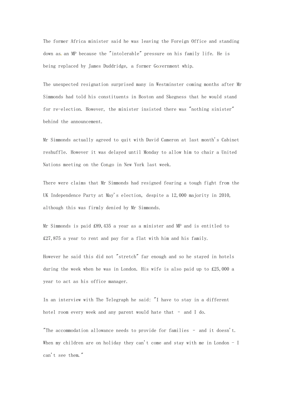 （每日一读）2014年高考英语8月考前突破 阅读理解能力 社会生活 英国外交大臣辞职 称12万镑不够过活素材_第2页