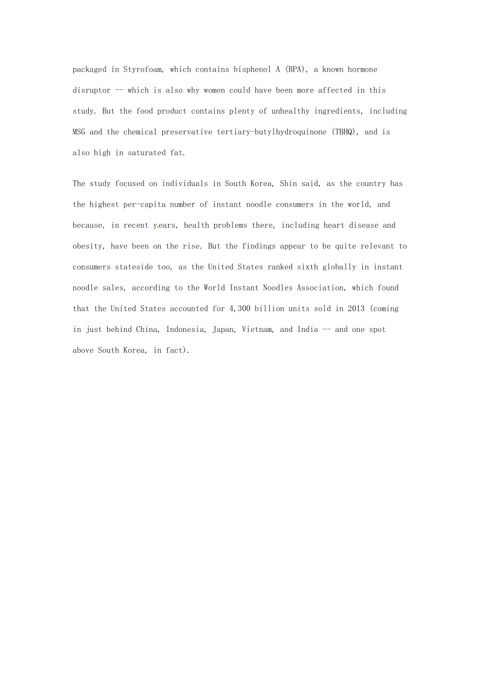 （每日一读）2014年高考英语8月考前突破 阅读理解能力 文化教育 吃方便面会导致心脏病和糖尿病素材_第2页