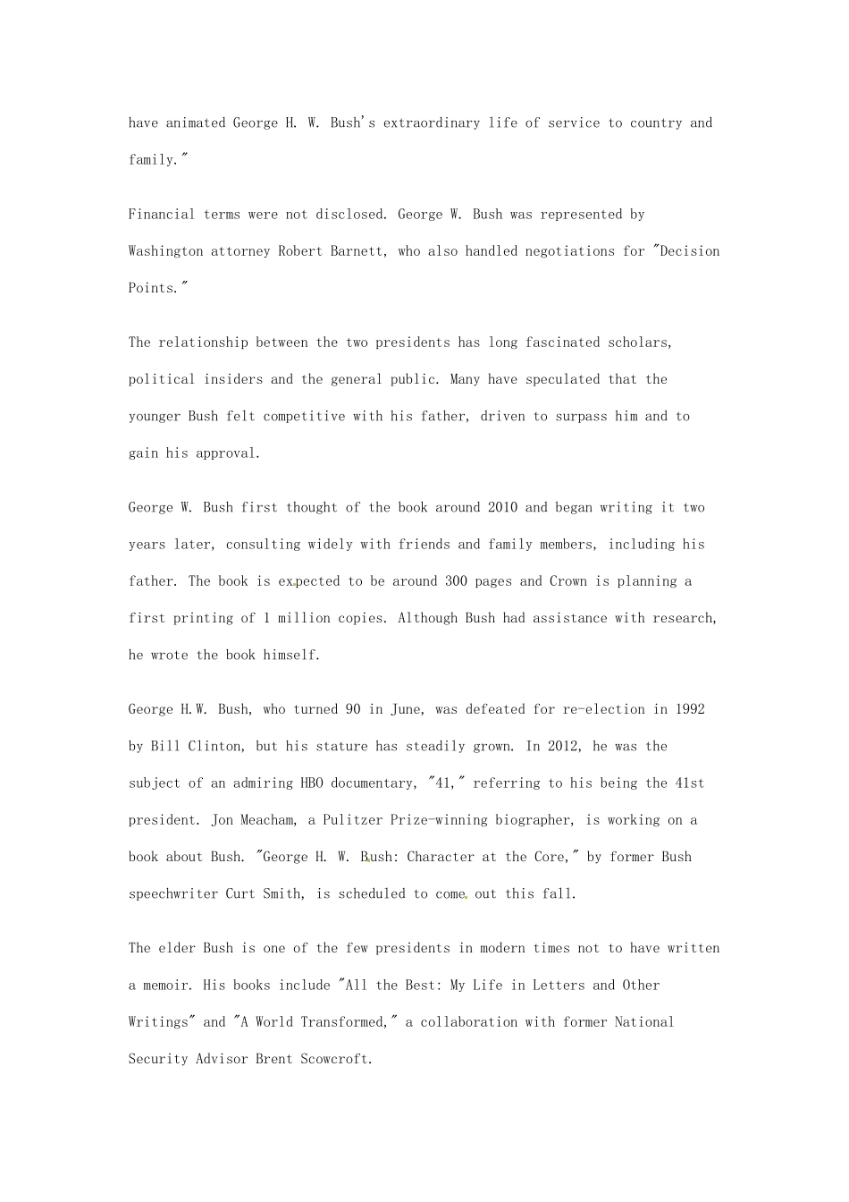 （每日一读）2014年高考英语8月考前突破 阅读理解能力 文化教育 小布什为老布什所著传记即将完成素材_第2页