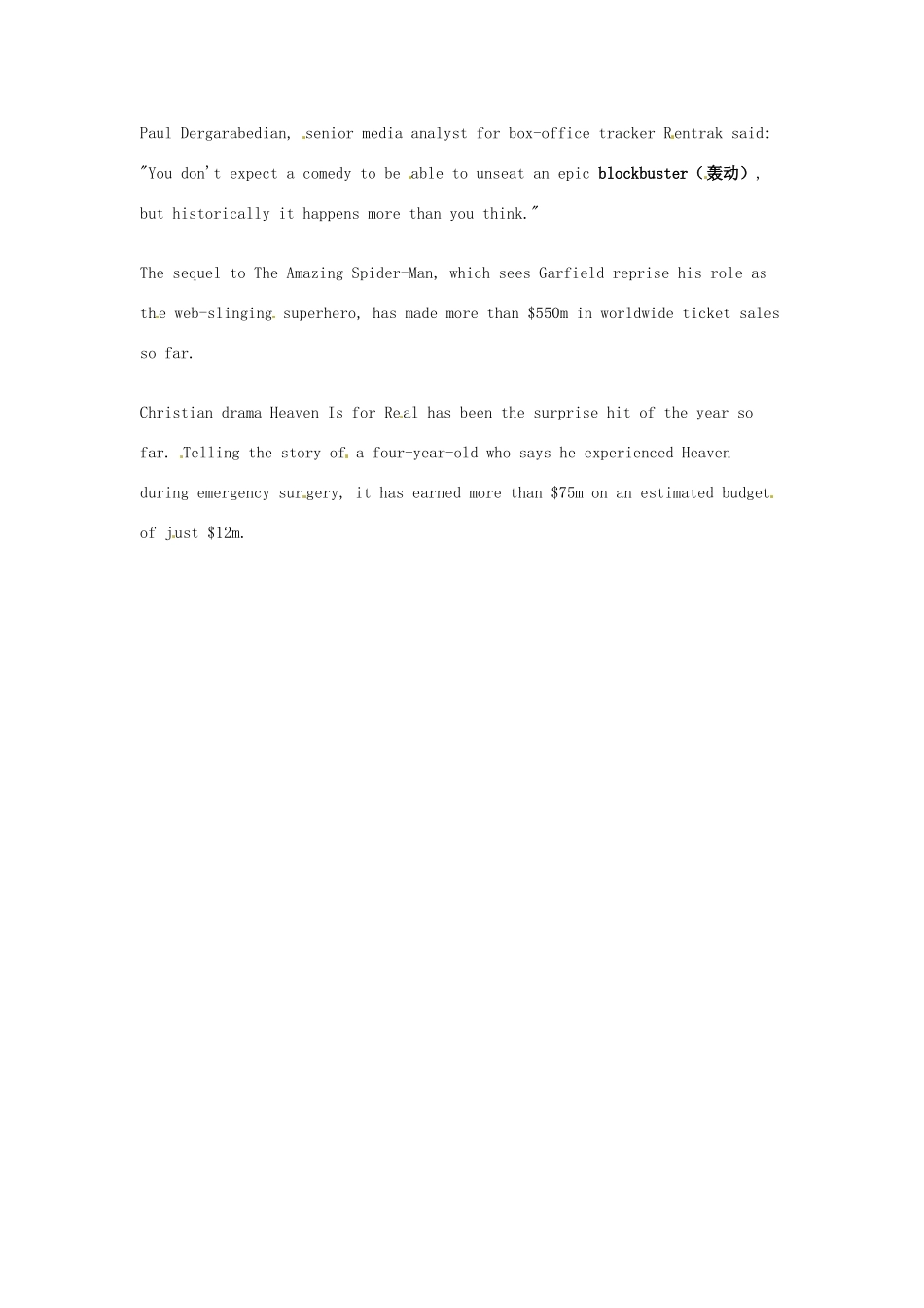 （每日一读）高考英语考前突破 阅读理解能力 文化教育 《邻居大战》夺得美国票房冠军素材 _第2页