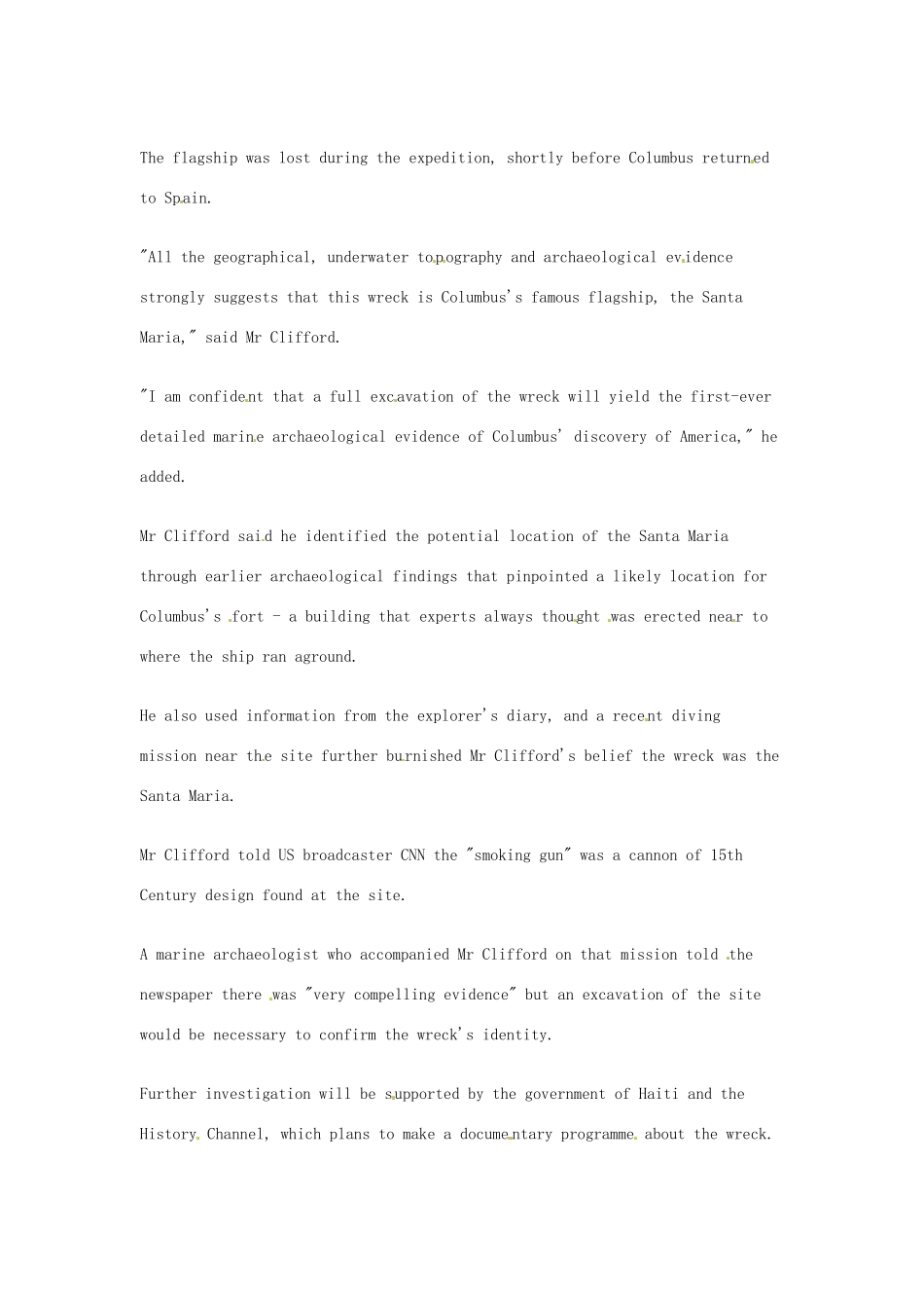 （每日一读）高考英语考前突破 阅读理解能力 文化教育 哥伦布的圣玛利亚号残骸被发现素材 _第2页
