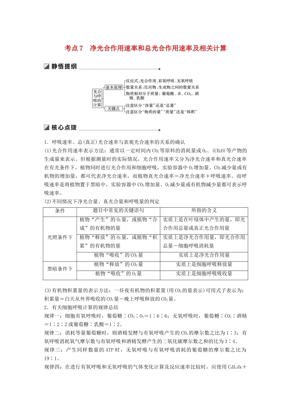 （江苏专版）高考生物二轮增分策略 专题二 细胞代谢 考点7 净光合作用速率和总光合作用速率及相关计算学案-人教版高三全册生物学案_第1页