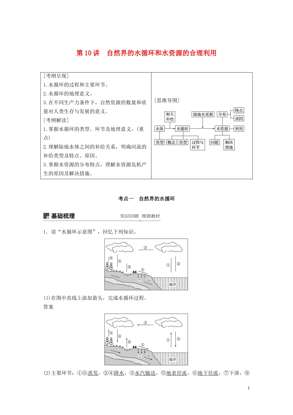 （江苏专用）高考地理大一轮复习 第四章 地球上的水 第10讲 自然界的水循环和水资源的合理利用教案（含解析）新人教版必修1-新人教版高三必修1地理教案_第1页