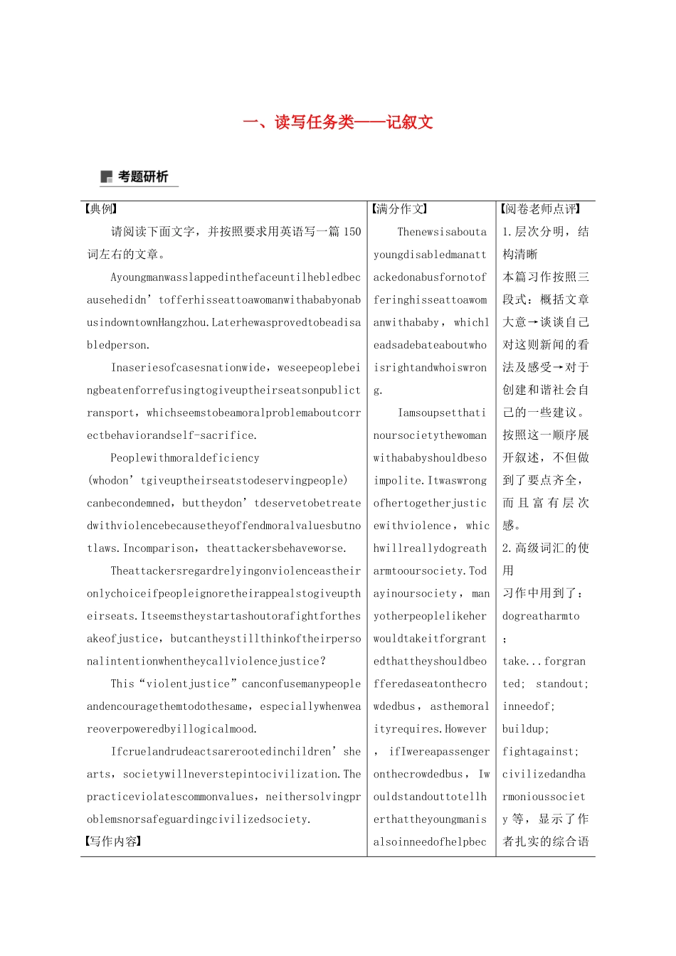 （江苏专版）高考英语大二轮复习 专题5 书面表达 第二节 分类突破训练 一 读写任务类——记叙文学案 牛津译林版-牛津版高三全册英语学案_第1页