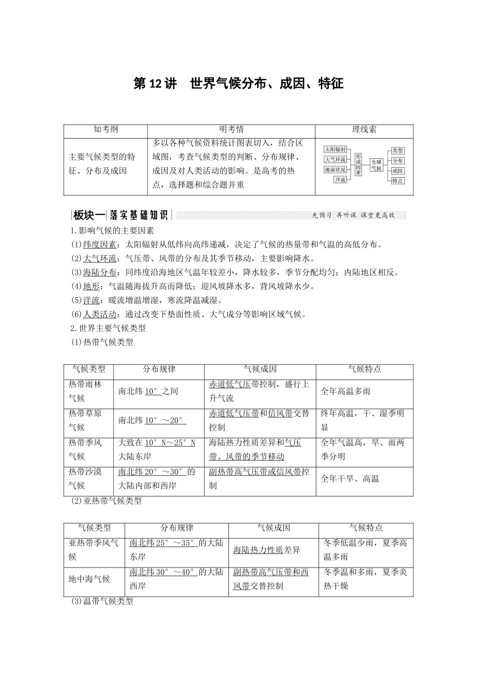 （江苏专用）高考地理一轮复习 第一部分 自然地理 第二单元 从地球圈层看地理环境 第12讲 世界气候分布、成因、特征学案 鲁教版-鲁教版高三全册地理学案_第1页
