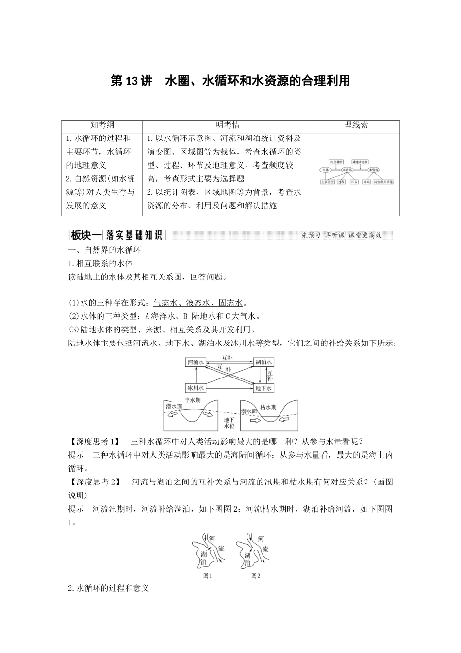 （江苏专用）高考地理一轮复习 第一部分 自然地理 第二单元 从地球圈层看地理环境 第13讲 水圈、水循环和水资源的合理利用学案 鲁教版-鲁教版高三全册地理学案_第1页