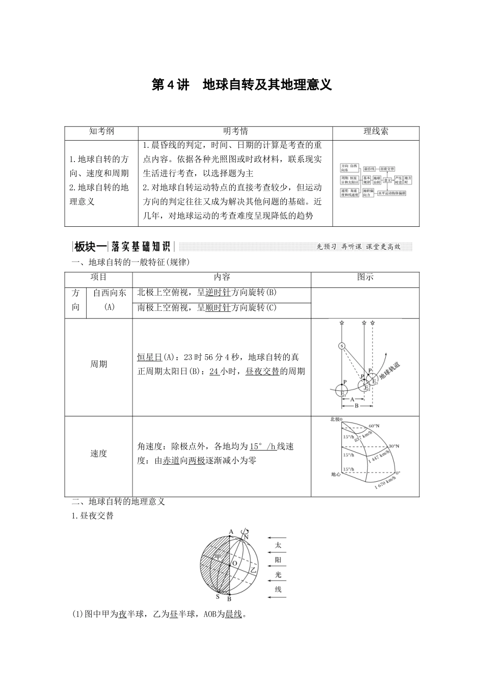 （江苏专用）高考地理一轮复习 第一部分 自然地理 第一单元 从宇宙看地球 第4讲 地球自转及其地理意义学案 鲁教版-鲁教版高三全册地理学案_第1页