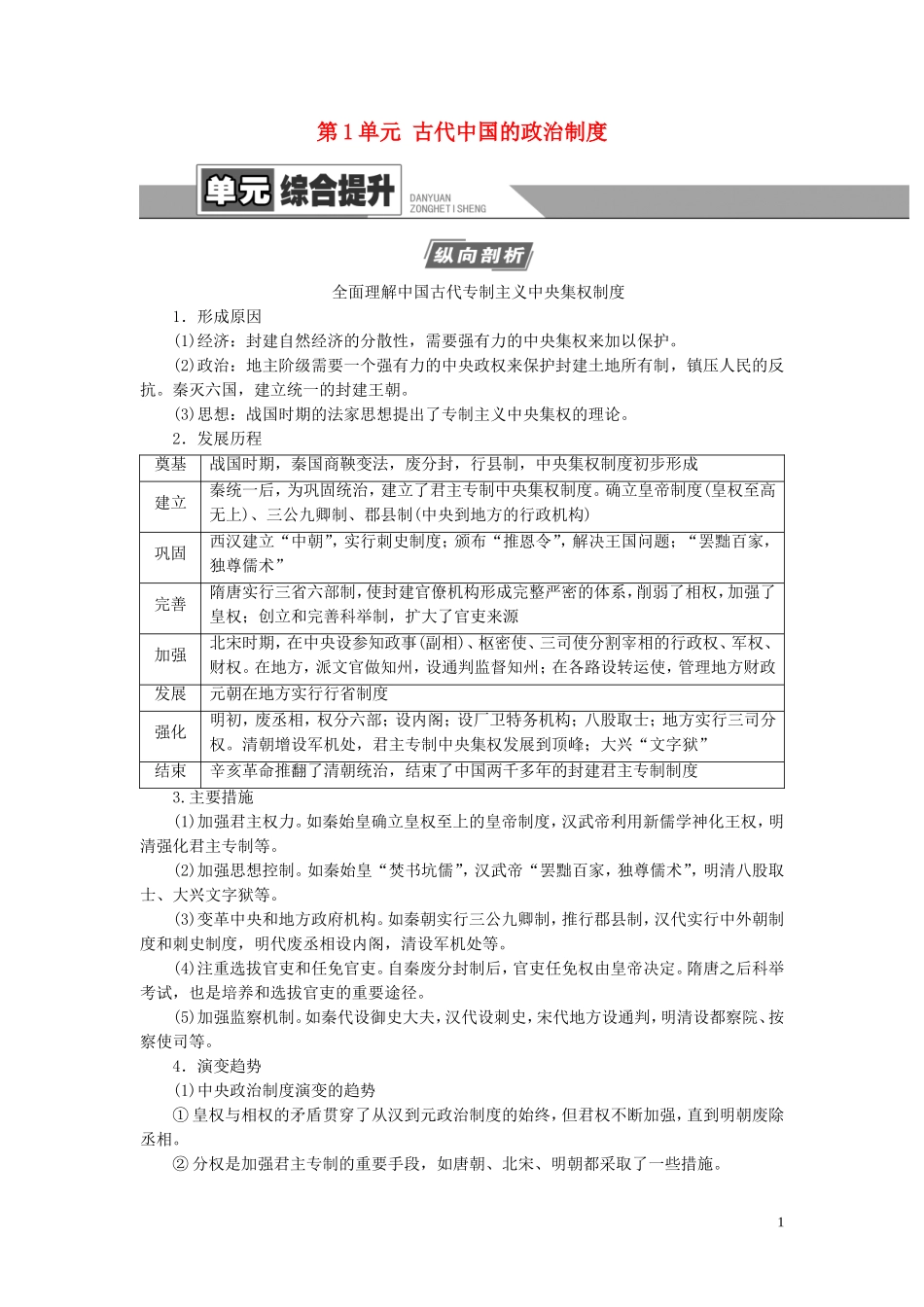 （江苏专用）高考历史一轮复习 模块1 第1单元 古代中国的政治制度单元综合提升教学案-人教版高三全册历史教学案_第1页