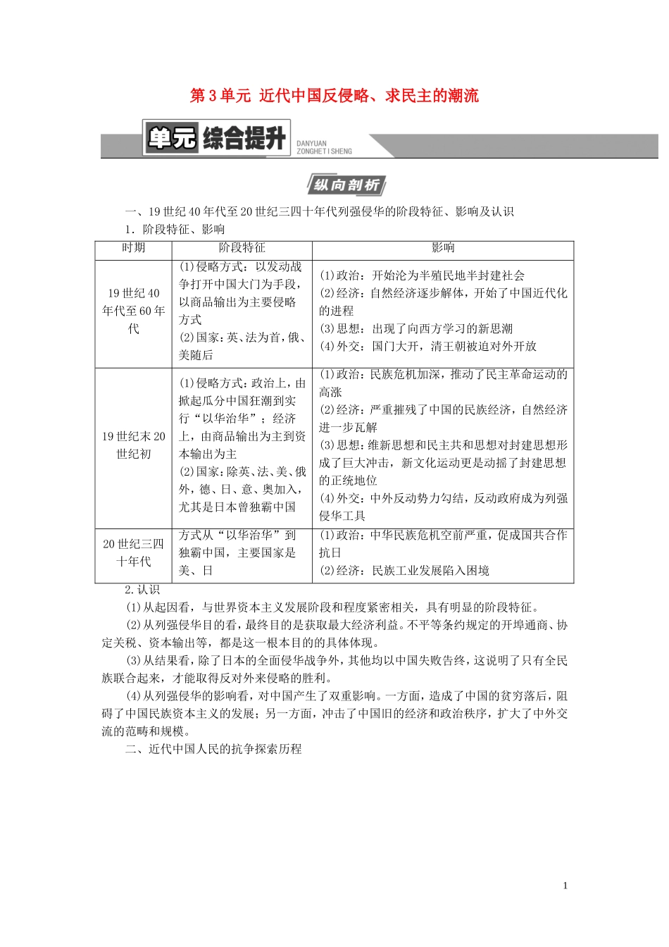（江苏专用）高考历史一轮复习 模块1 第3单元 近代中国反侵略、求民主的潮流单元综合提升教学案-人教版高三全册历史教学案_第1页