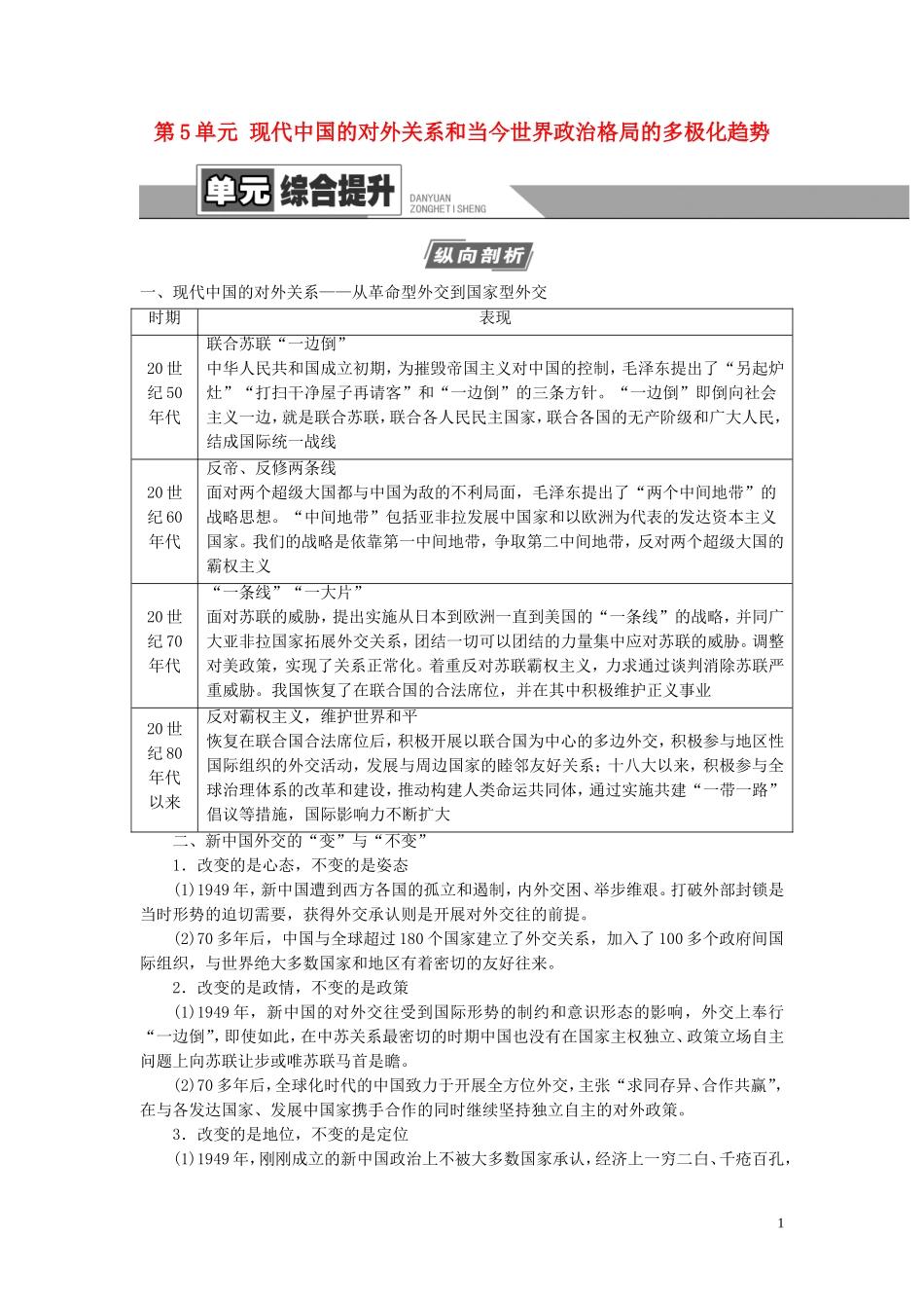 （江苏专用）高考历史一轮复习 模块1 第5单元 现代中国的对外关系和当今世界政治格局的多极化趋势单元综合提升教学案-人教版高三全册历史教学案_第1页