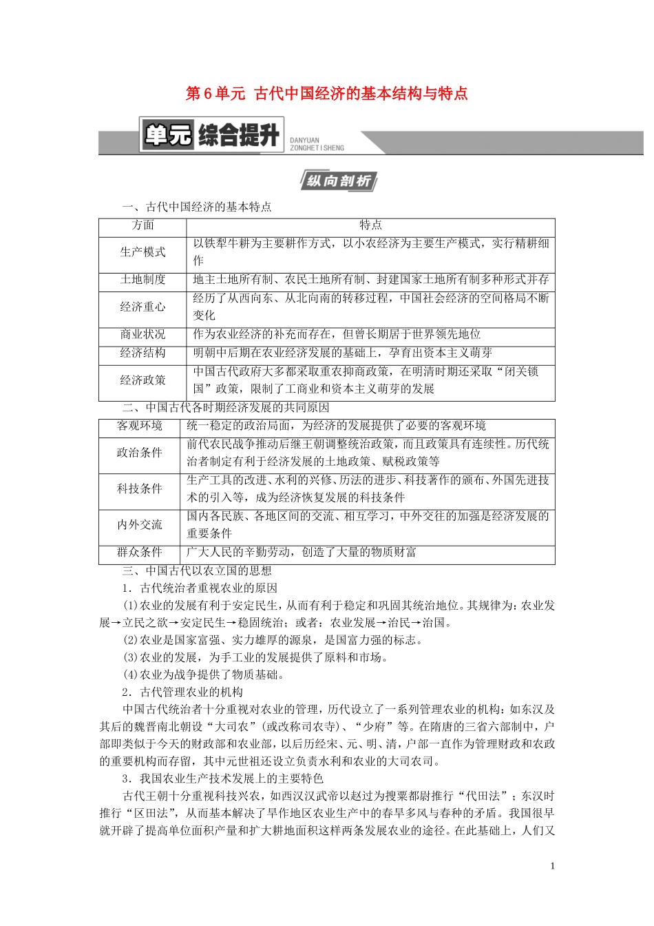 （江苏专用）高考历史一轮复习 模块2 第6单元 古代中国经济的基本结构与特点单元综合提升教学案-人教版高三全册历史教学案_第1页