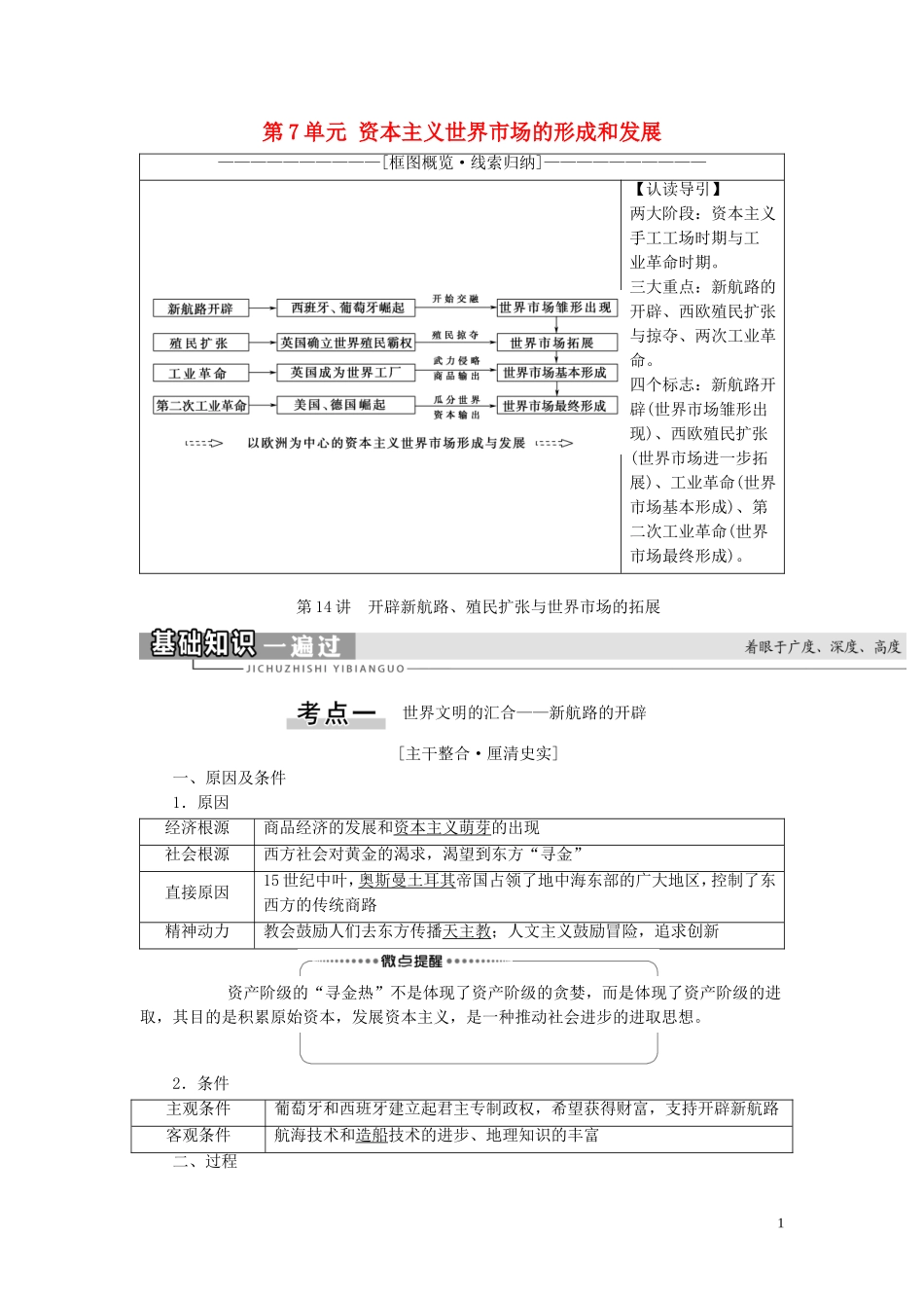 （江苏专用）高考历史一轮复习 模块2 第7单元 资本主义世界市场的形成和发展 第14讲 开辟新航路、殖民扩张与世界市场的拓展教学案-人教版高三全册历史教学案_第1页