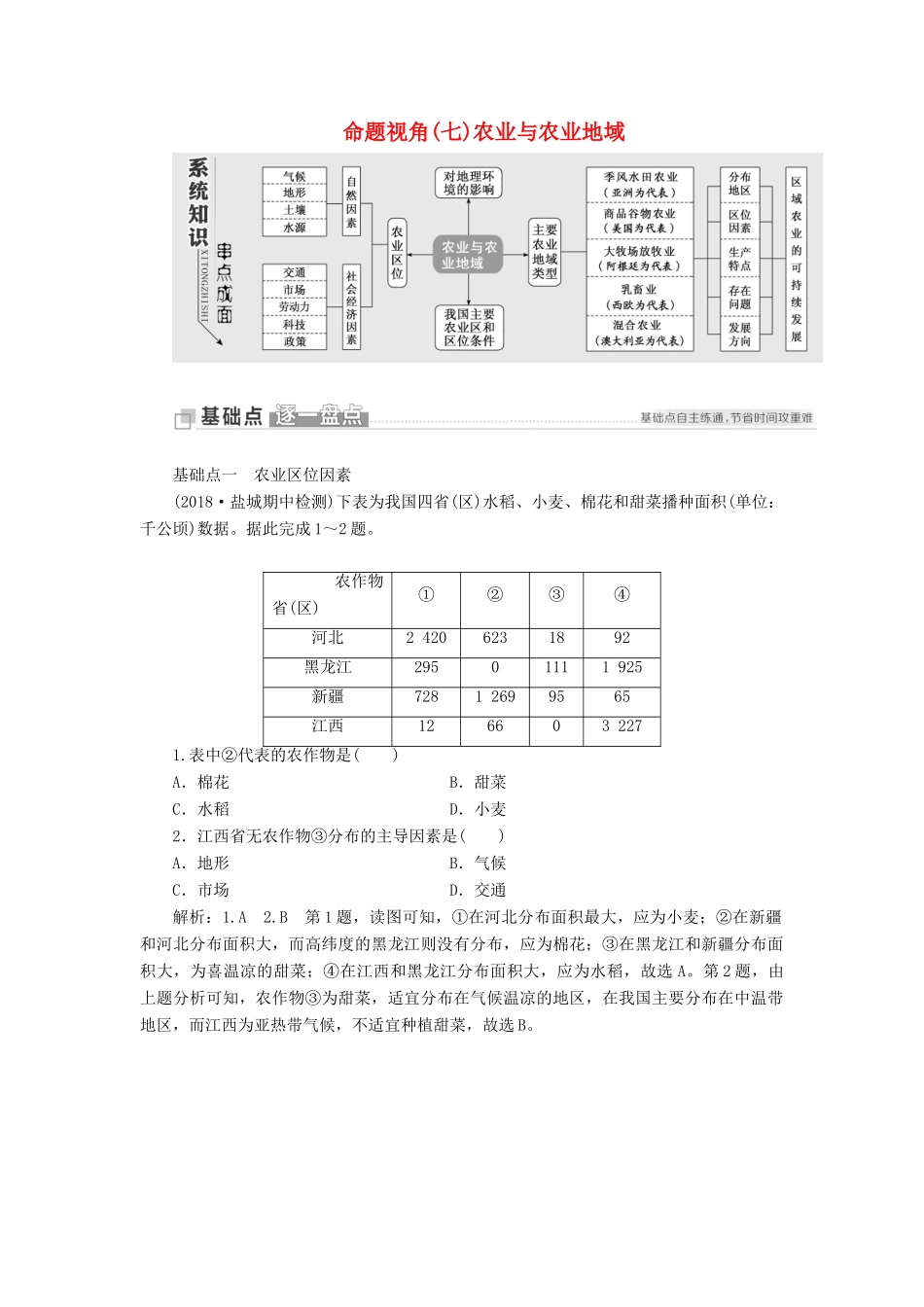 （江苏专用）版高考地理二轮复习 第一部分 聚焦选择题的10大命题视角 命题视角（七）农业与农业地域讲义（含解析）-人教版高三全册地理教案_第1页